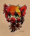  2015 ambiguous_gender black_nose brown_fur chest_tuft cute fluffy_ears fur green_eyes grin hair looking_at_viewer mammal miri multicolored_hair orange_hair plain_background pyropaws_(character) red_fur red_hair red_panda smile solo stripes teeth tongue traditional_media_(artwork) tuft two_tone_hair 