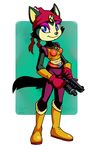  anthro bandanna belt black_fur black_nose blue_eyes boots catbeecache clothing eyeshadow feline female footwear fur gem gloves gun handgun jewelry katt_monroe makeup mammal necklace nintendo ranged_weapon smile solo star_fox video_games weapon 