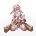  anthro bulge clothed clothing flower flower_in_hair girly kneeling kosian lagomorph looking_at_viewer male mammal plain_background plant rabbit red_eyes solo thong white_background 
