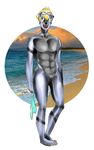  2015 anthro beach blonde_hair bubbleboy canine clothing cuntboy dog eyewear goggles hair heli intersex male mammal nude pussy seaside solo speedo swimsuit water 