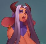  2015 anthro big_breasts blush bovine breasts bust cattle cyancapsule ear_piercing female hair horn huge_breasts long_hair looking_at_viewer mammal open_mouth piercing pink_nose purple_hair purple_skin red_eyes rosie_(cyancapsule) solo teeth tongue tongue_out 