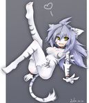  &lt;3 2010 anthro blue_hair blush breasts butt feline female fur fuurin_rei hair legs_up looking_at_viewer lying mammal nude on_back open_mouth plain_background r-ninja solo tiger white_fur white_skin white_tiger yellow_eyes 