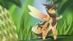  ambiguous_gender arthropod bee black_fur blue_eyes blurred_background cute fur insect markings plant rudragon smile 