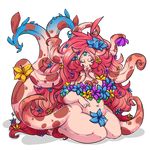  2015 alpha_channel blue_eyes breasts chubby cleavage closed clothed clothing female flower hair hi_res kneeling lips long_hair navel pink_hair plant sitting solo tentacle_monster tentacles thick_thighs tiki_san wide_hips 
