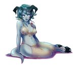  blue_eyes breasts draenei female glowing glowing_eyes green_hair hair hooves horn looking_at_viewer nipples pinxieheart plain_background pose short_hair sitting solo translucent video_games warcraft world_of_warcraft 
