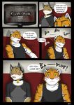  anthro blackmailz blue_eyes blush clothed clothing collar comic dialogue english_text feline green_eyes isaac ivan lynx male mammal scar surprise text tiger video_games 