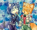  &lt;3 anthro belt black_nose blue_fur blue_hair bodysuit brown_fur canine clothing duo eyes_closed female food fox fox_mccloud fur gem gloves hair hair_ornament jacket jewelry krystal male mammal nintendo short_hair skinsuit star_fox unknown_artist video_games white_fur 