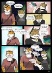  anthro blackmailz blue_eyes blush clothed clothing collar comic dialogue english_text eye_patch eyewear feline green_eyes isaac ivan lynx male mammal smile text tiger 