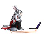  2015 android anthro avalenna bored cables clothed clothing computer dress female fur glowing glowing_eyes hair lagomorph laptop machine mammal mechanical orange_eyes plain_background rabbit ratte robot white_fur white_hair 