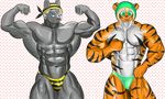  abs bada-butterfly ball bodybuilding canine clothing feline male mammal muscles pose smile spec;tiger speedo swimsuit wolf 