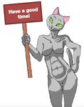  anthro feline female fur green_eyes grey_fur happy holding_object invalid_tag looking_at_viewer mammal oekaki sign simple_background slit_pupils smile sysoup 
