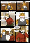  anthro blackmailz blue_eyes clothed clothing collar comic dialogue english_text feline green_eyes inside isaac ivan lynx male mammal sad scar sitting smile text tiger 