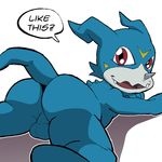  anthro balls cel_shading cute_fangs dialogue digimon digital_media_(artwork) english_text jerseydevil looking_at_viewer looking_back lying on_front open_mouth perineum raised_tail rear_view scalie solo talking_to_viewer text veemon 