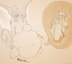  2011 anthro belly big_belly breasts canine duo english_text eyes_closed feline female fur hair internal kalnareff kneeling long_hair mammal navel nude smile text vore 