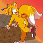  balls blue_eyes butt canine fox girly looking_at_viewer male mammal miles_prower moneychan multiple_tails penis sonic_(series) 