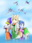  amphibian anthro arwing avian bird bodysuit canine clothing falco_lombardi female fox fox_mccloud frog hair krystal male mammal nintendo short_hair skinsuit slippy_toad star_fox unknown_artist video_games 