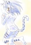  2013 anthro blue_hair blush butt clothed clothing cup feline female fur fuurin_rei hair kneeling looking_at_viewer looking_back mammal nire_nanaki open_mouth plain_background solo tiger white_fur white_skin white_tiger yellow_eyes 