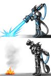  android anthro armor blue_eyes cannon comic corn fire glowing glowing_eyes horn laser machine male mechanical photon plain_background ranged_weapon ratte ratteguhn ratteguhncat robot solo weapon 