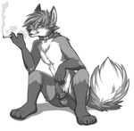  2015 animal_genitalia bulge canine canine_penis cigarette clothed clothing collar ear_piercing greyscale half-dressed keihound knot looking_at_viewer male mammal monochrome penis piercing smoking solo topless 