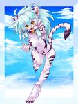 2013 anthro blue_hair breasts claws cloud collar english_text feline female fur fuurin_rei g0madang0 hair japanese_text looking_at_viewer mammal nude open_mouth sky solo text tiger white_fur white_skin white_tiger yellow_eyes 