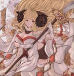  anila_(granblue_fantasy) bangs blonde_hair blunt_bangs breasts brown_skirt cleavage closed_mouth draph eyebrows_visible_through_hair gloves granblue_fantasy highres holding_lance horns lance large_breasts long_hair looking_at_viewer polearm rice_tea sheep sheep_horns short_eyebrows skirt smile solo thick_eyebrows weapon white_gloves yellow_eyes 