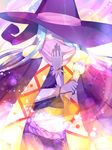  blue_hair blush cape cloak drawcia euphori_cat face_mask gloves gradient gradient_background hat heart jewelry kirby_(series) laughing long_hair mask midriff paintbrush personification purple_skin scarf sparkle sparkles witch yellow_eyes 