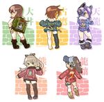  alternate_costume ass bare_shoulders barefoot bolt boots bow brown_eyes brown_hair chaki_(teasets) character_name character_print crossed_arms denim denim_shorts eyepatch from_behind fur_trim furutaka_(kantai_collection) glowing glowing_eyes green_eyes hat headgear high_ponytail jacket jacket_over_shoulder kako_(kantai_collection) kantai_collection kitakami_(kantai_collection) kumano_(kantai_collection) long_hair long_ponytail looking_back multiple_girls off_shoulder ooi_(kantai_collection) ponytail purple_hair ryuujou_(kantai_collection) short_hair short_shorts shorts single_thighhigh suzuya_(kantai_collection) tatsuta_(kantai_collection) tenryuu_(kantai_collection) thigh_strap thighhighs twintails wide_ponytail wrench yellow_eyes 