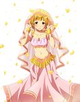  arabian_clothes blonde_hair bracelet breasts brown_eyes cleavage collarbone fukuda_noriko highres idolmaster idolmaster_million_live! jewelry koiwai_ringo large_breasts long_skirt looking_at_viewer midriff petals pink_skirt short_hair skirt smile solo veil 