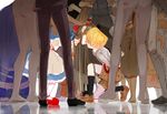  blonde_hair brown_hair dio_(mad_father) forced gag highres improvised_gag kneeling long_hair mad_father multiple_boys multiple_girls object_spring pantyhose short_hair tape tape_gag 
