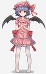  bat_wings blue_hair fang_out frilled_skirt frills full_body grey_background hat hat_ribbon highres interlocked_fingers looking_at_viewer miniskirt mob_cap no_shoes pantyhose pigeon-toed puffy_short_sleeves puffy_sleeves red_eyes red_ribbon remilia_scarlet ribbon ribbon-trimmed_headwear ribbon_trim shirt shone short_hair short_sleeves simple_background skirt smile solo standing touhou white_legwear wings 