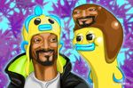  beard caricature drugs eye_contact facial_hair fish hat human humor mammal marijuana marine nevermonkey_(artist) smile snoop_dogg watermark 