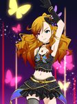  &gt;:) arm_up armlet armpits black_gloves blue_eyes bug butterfly choker cowboy_shot crescent crescent_earrings earrings frilled_skirt frills gloves hair_ornament heterochromia idolmaster idolmaster_(classic) idolmaster_one_for_all insect jewelry koiwai_ringo leon_(idolmaster) long_hair midriff orange_hair purple_eyes single_thighhigh skirt smile solo thighhighs v-shaped_eyebrows 