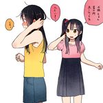  black_hair blue_eyes blush brown_eyes casual ear_blush hair_bobbles hair_down hair_ornament kitashirakawa_anko kitashirakawa_tamako long_hair momose_(oqo) multiple_girls one_side_up siblings sisters standing tamako_market translation_request 