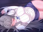  blush breasts deisui_sasereba_rakushou_sex:_oba_to_itoko_hen eyes_closed game_cg gradient gradient_background grey_hair highres huge_breasts legs long_hair lying sawano_akira shiny shiny_skin sian skirt solo sweater thighs wooden_floor 