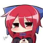 blush bow cape chibi commentary fingers_together hair_bow looking_at_viewer red_eyes red_hair sekibanki shirt solo tears touhou twumi upper_body 