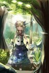  absurdres belt blonde_hair boots bow bowtie chain commentary_request cuffs full_body hair_ribbon highres horn_ribbon horns ibuki_suika idemitsu long_hair long_skirt nature red_eyes ribbon shirt skirt sleeveless smile solo touhou tree tree_shade wrist_cuffs 