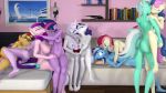  2018 3d_(artwork) absurd_res anthro anthrofied big_breasts blue_eyes bonbon_(mlp) breasts butt colgate_(mlp) crossed_legs cutie_mark digital_media_(artwork) earth_pony equestria_girls equine eye_contact eyes_closed female female/female fleur_de_lis_(mlp) friendship_is_magic group hair hi_res horn horse inside kissing lying lyra_heartstrings_(mlp) mammal muhjob multicolored_hair my_little_pony nipples on_back on_lap on_side open_mouth open_smile pony princess_cadance_(mlp) rarity_(mlp) rear_view rose_(mlp) sitting smile standing starlight_glimmer_(mlp) sunset_shimmer_(eg) technical_incest twilight_sparkle_(mlp) unicorn 