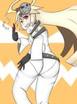  1girl ahoge arc_system_works artist_request ass belt blush bodysuit breasts from_behind gloves grin guilty_gear guilty_gear_xrd halo jack-o_(guilty_gear) long_hair looking_at_viewer looking_back mask pantylines platinum_blonde red_eyes simple_background skin_tight smile solo very_long_hair 