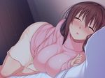  bed blush breast_squeeze breasts brown_hair deisui_sasereba_rakushou_sex:_oba_to_itoko_hen eyes_closed female game_cg gradient gradient_background highres large_breasts legs long_hair lying on_side pillow sawano_akira sian skirt sleeping solo sweat sweater thighs 
