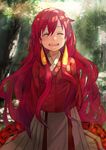  :d ^_^ akatsuki_no_yona blush closed_eyes curly_hair earrings happy highres jewelry korean_clothes leaf long_hair object_spring open_mouth red_hair smile solo tree tree_shade wavy_hair yona_(akatsuki_no_yona) 