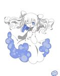  1girl bad_id bad_pixiv_id bangs blue dress jellyfish looking_at_viewer monochrome monster_girl multiple_monochrome muxiyou one_eye_closed oounabara_to_wadanohara pulmo simple_background smile solo swept_bangs symbol-shaped_pupils two_side_up white white_background white_dress white_hair 