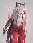  bad_id bad_twitter_id bow closed_eyes fujiwara_no_mokou grey_background hair_bow hair_ornament hair_ribbon hand_in_pocket ichiba_youichi long_hair open_mouth pants ribbon shirt short_sleeves silver_hair simple_background solo torn_clothes torn_sleeves touhou very_long_hair 