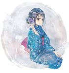  adjusting_hair_ornament alternate_hairstyle bangs blue_eyes blue_hair closed_mouth commentary_request floral_background flower hair_bun hair_flower hair_ornament hand_on_own_thigh hand_up hydrangea japanese_clothes kantai_collection kimono long_sleeves looking_at_viewer naruse_chisato obi print_kimono purple_flower samidare_(kantai_collection) sash sitting smile solo wide_sleeves 