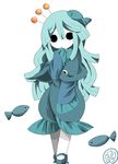  aqua aqua_hair bad_id bad_pixiv_id bangs fish fish_hair_ornament hair_ornament hair_stick hand_to_own_mouth long_hair mary_janes monochrome muxiyou o_o oounabara_to_wadanohara pale_skin shoes sidelocks simple_background solid_circle_eyes solo spot_color swept_bangs uomihime white_background wide_sleeves 