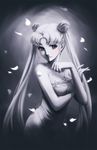  bishoujo_senshi_sailor_moon blue_eyes double_bun dress earrings eflunn_(emilylunn) forehead_jewel greyscale jewelry long_hair monochrome necklace petals princess_serenity signature solo spot_color strapless strapless_dress tsukino_usagi very_long_hair 