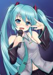  \m/ bare_shoulders belly_peek blue_eyes blue_hair blush breasts detached_sleeves hair_ornament hatsune_miku kishimen long_hair microphone navel necktie open_mouth pose shirt skirt small_breasts smile solo twintails very_long_hair vocaloid wide_sleeves 