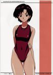  arm_behind_back bangs bare_arms bare_legs black_eyes breasts brown_hair competition_swimsuit covered_navel cowboy_shot den_sugiyama forehead groin hand_on_own_arm highleg highleg_swimsuit highres ibuki_maya light_smile looking_at_viewer medium_breasts neon_genesis_evangelion non-web_source one-piece_swimsuit parted_bangs shiny shiny_skin short_hair solo standing swimsuit thigh_gap thighs very_short_hair 