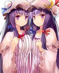  asymmetrical_docking blue_ribbon blush breast_press breasts crescent dual_persona efe hat hat_ribbon highres large_breasts long_hair looking_at_viewer multiple_girls patchouli_knowledge purple_eyes purple_hair red_ribbon ribbon simple_background striped touhou vertical_stripes white_background 