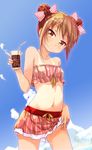  bangs bare_arms bare_shoulders blush bow brown_hair cafe-chan_to_break_time cafe_(cafe-chan_to_break_time) cup day double_bun drinking_glass drinking_straw eyebrows_visible_through_hair hair_bow head_tilt highres holding holding_cup looking_at_viewer midriff navel one-piece_tan personification porurin red_eyes skirt sky solo strapless striped tan tanline vertical-striped_skirt vertical_stripes 
