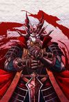  absurdres argyle argyle_background armor blood blood_stain blue_eyes chinese_zodiac dragon haori highres horns japanese_armor japanese_clothes male_focus monster original oshino_yosuga samurai solo sword tusks weapon western_dragon 